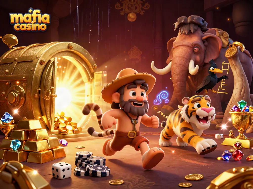 Experience the excitement of mafia casino-style gaming with vibrant illustrations of characters and treasures.