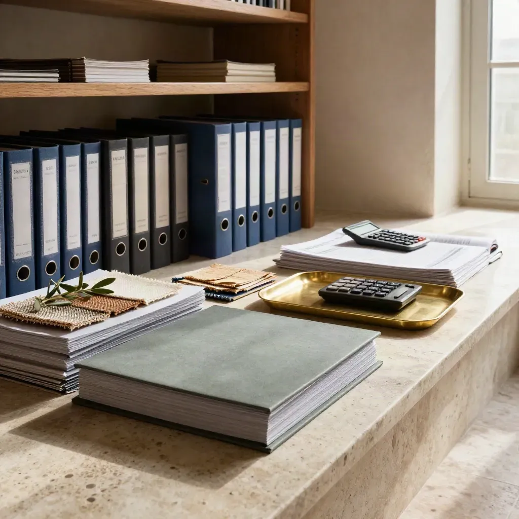 Sala archivi con cartelle, binder, fogli processo, calcolatrice e ramo d’ulivo in luce mattutina