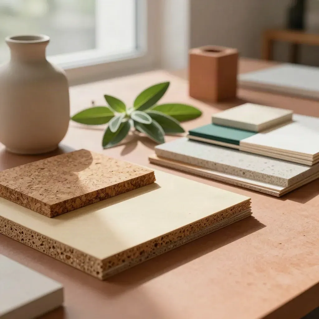 Campioni materiali ESG su tavolo in terracotta con luce naturale e foglie verdi