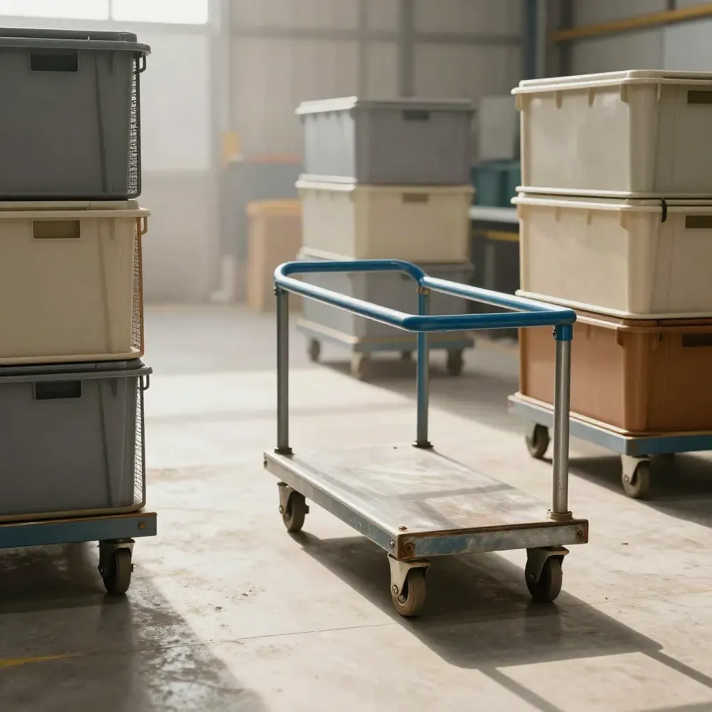 Carrello da workshop in diagonale con cassette neutre e luce naturale.