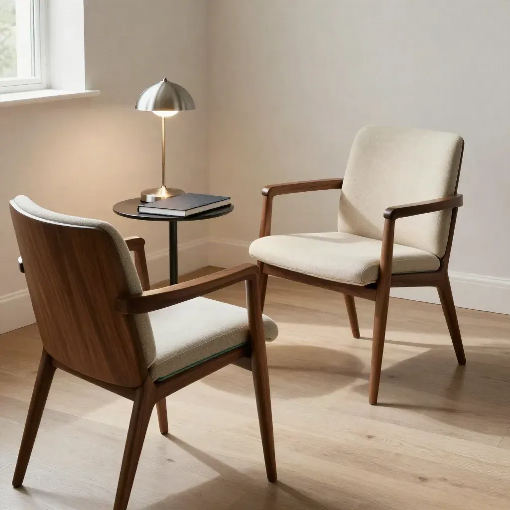Stanza di coaching con tre sedie, lampada accesa e taccuino chiuso, atmosfera elegante.