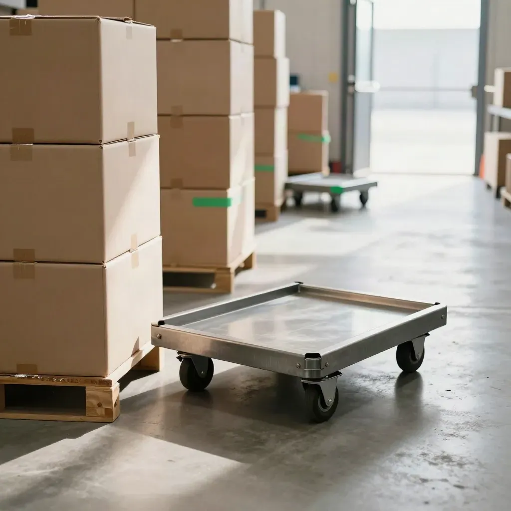Carrello industriale in corsia di magazzino, casse finite e porte aperte con luce naturale.