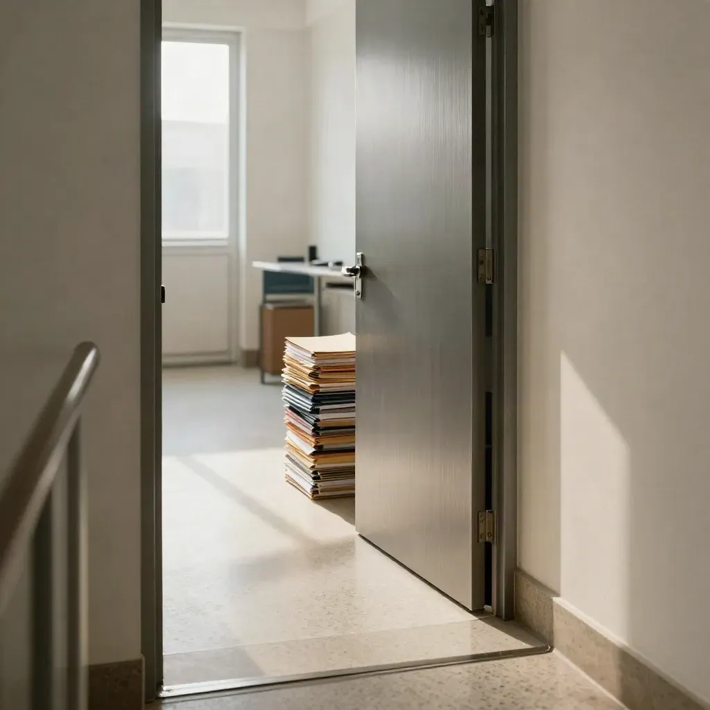 Corridoio d’ufficio con fascicoli audit accanto a una porta, luce del mattino