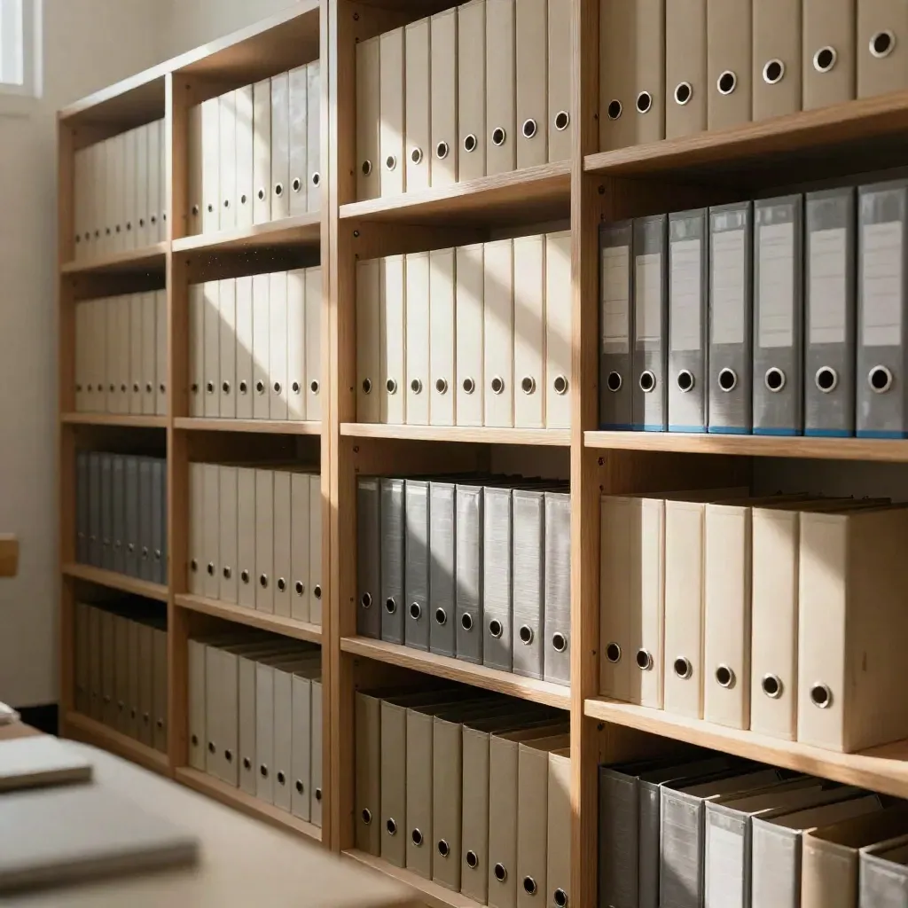 Archivio aziendale con raccoglitori, vassoi metallici e pianta in luce pomeridiana.