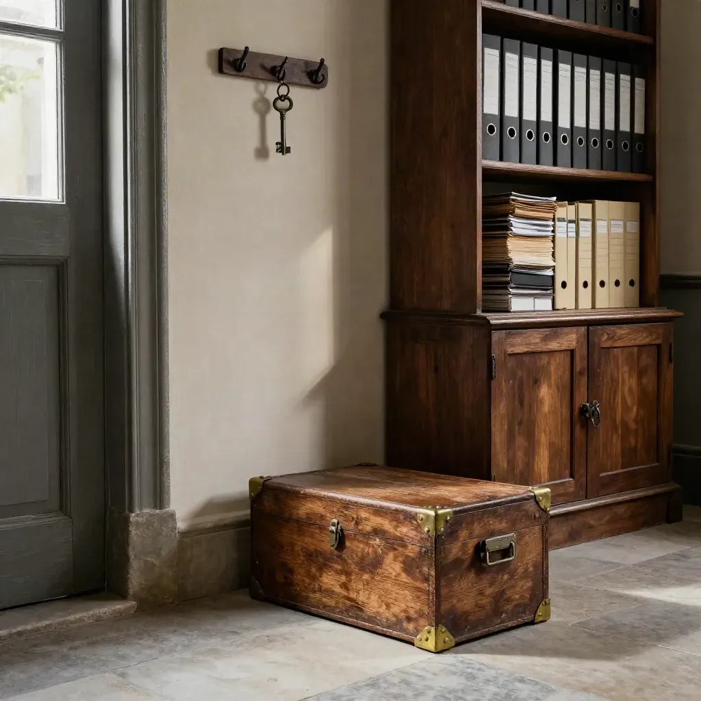 Angolo archivio di azienda familiare con cassetta contabile, chiavi e cartelle su pavimento in pietra.