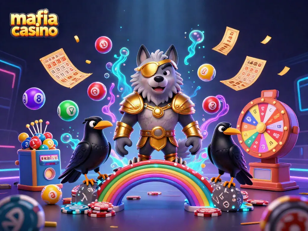 Experience the excitement of mafia casino with a vibrant 3D illustration filled with dynamic gaming elements.